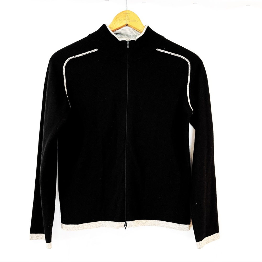 Cashmere and Silk Black Zip Front Sweater Black Gray Small Made in Italy - Picture 2 of 9